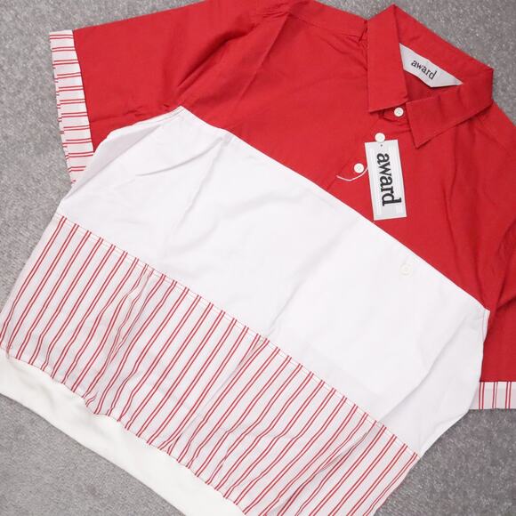 VTG 80s 90s Award Deadstock Large Red White Striped Short Sleeve Collared Shirt - Picture 8 of 10